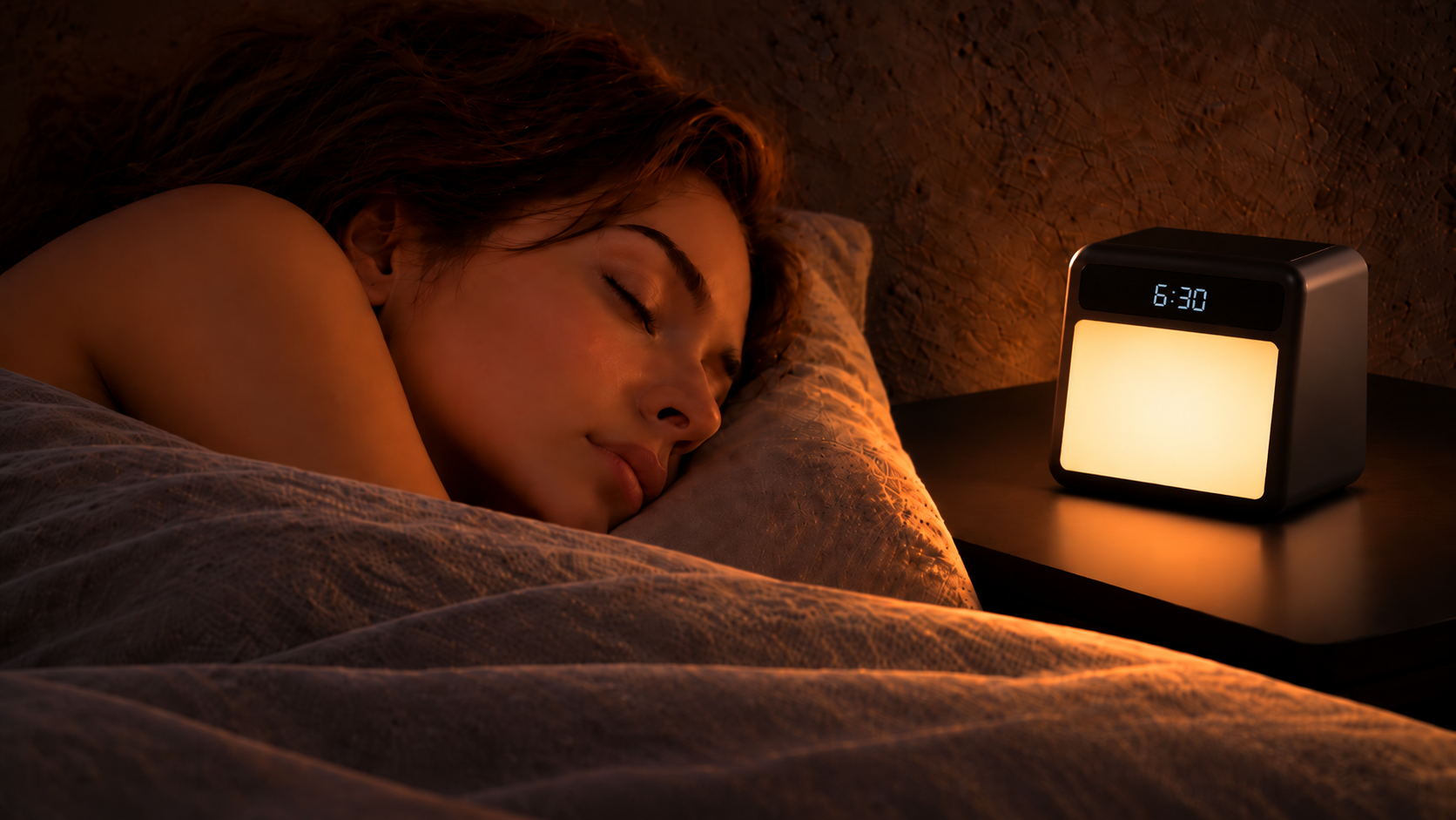 HelioWake One sunrise alarm clock glowing on a bedside table